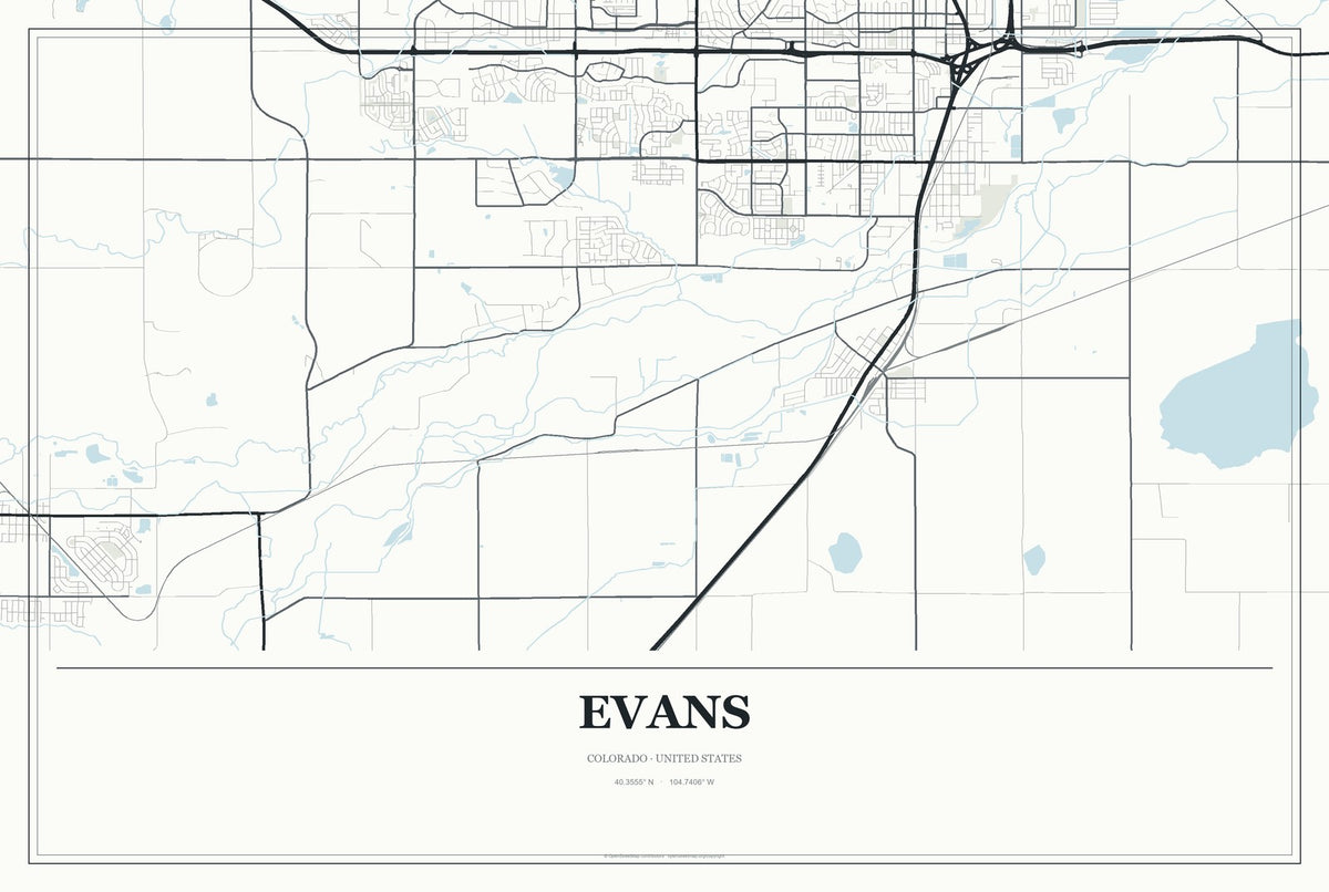 Evans, Colorado City Map Aluminum Sign in Gallery Air style