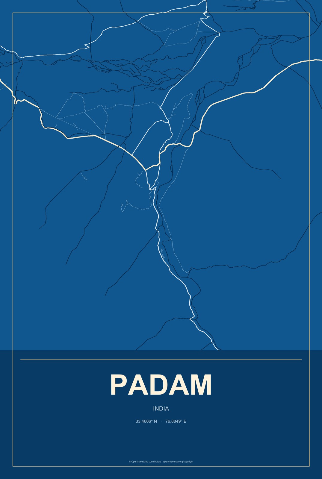 Padam, India City Map Aluminum Sign in Harbor Cobalt style
