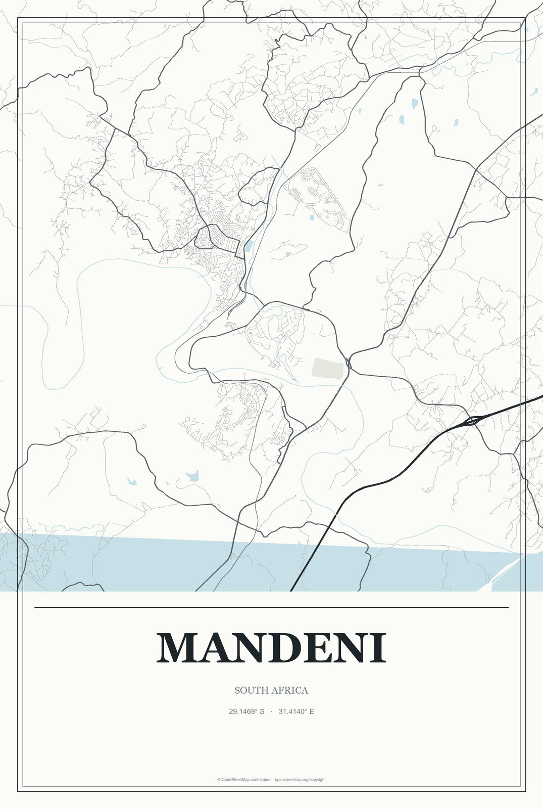 Mandeni, South Africa City Map Aluminum Sign in Gallery Air style