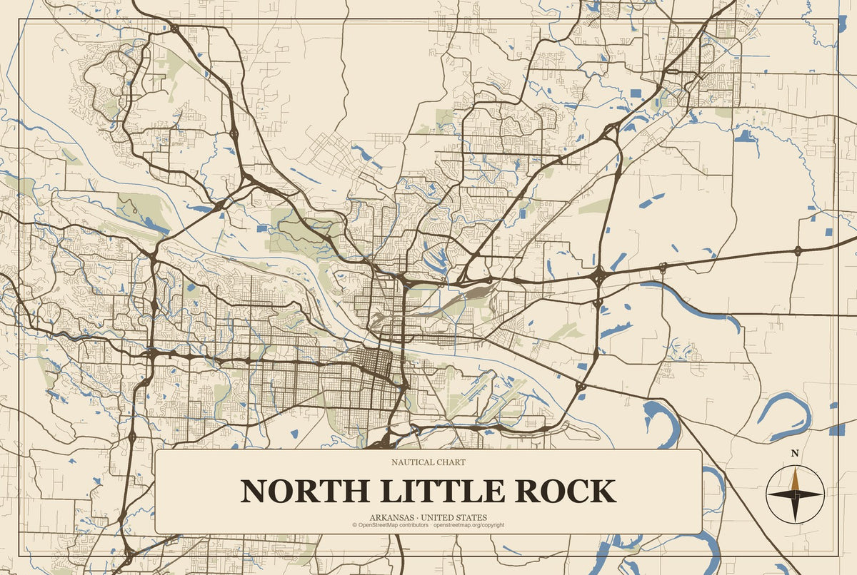 North Little Rock, Arkansas City Map Aluminum Sign in Heritage Nautical style