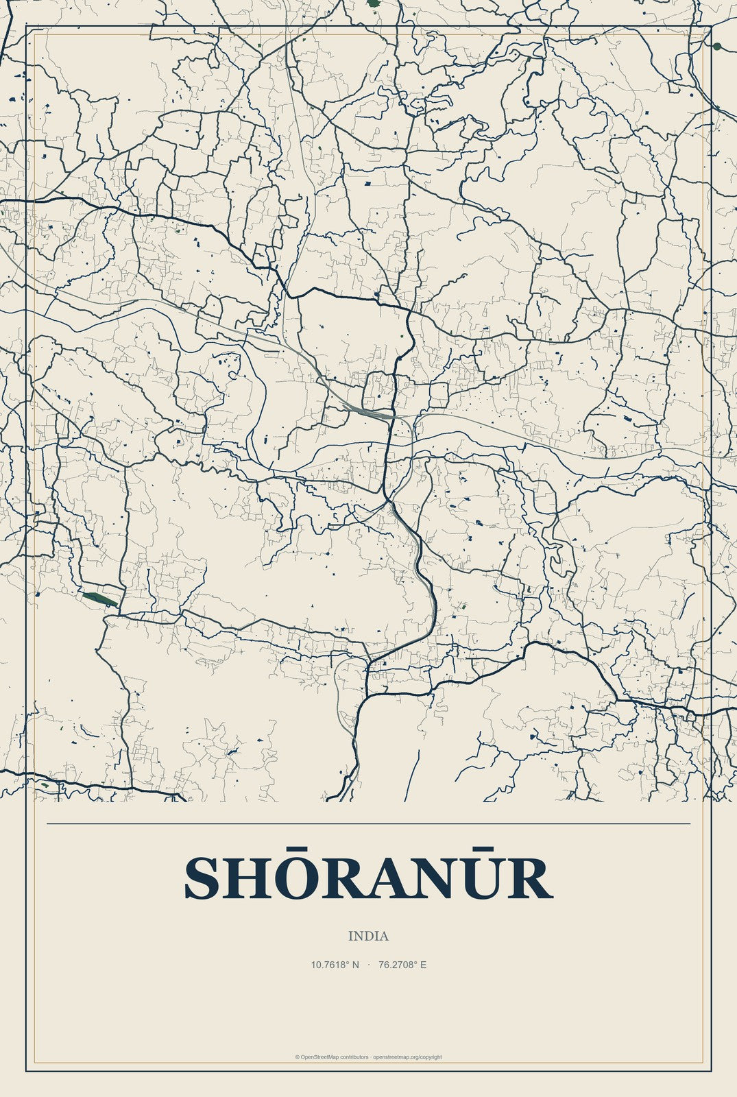 Shōranūr, India City Map Aluminum Sign in Coastal Cutout style