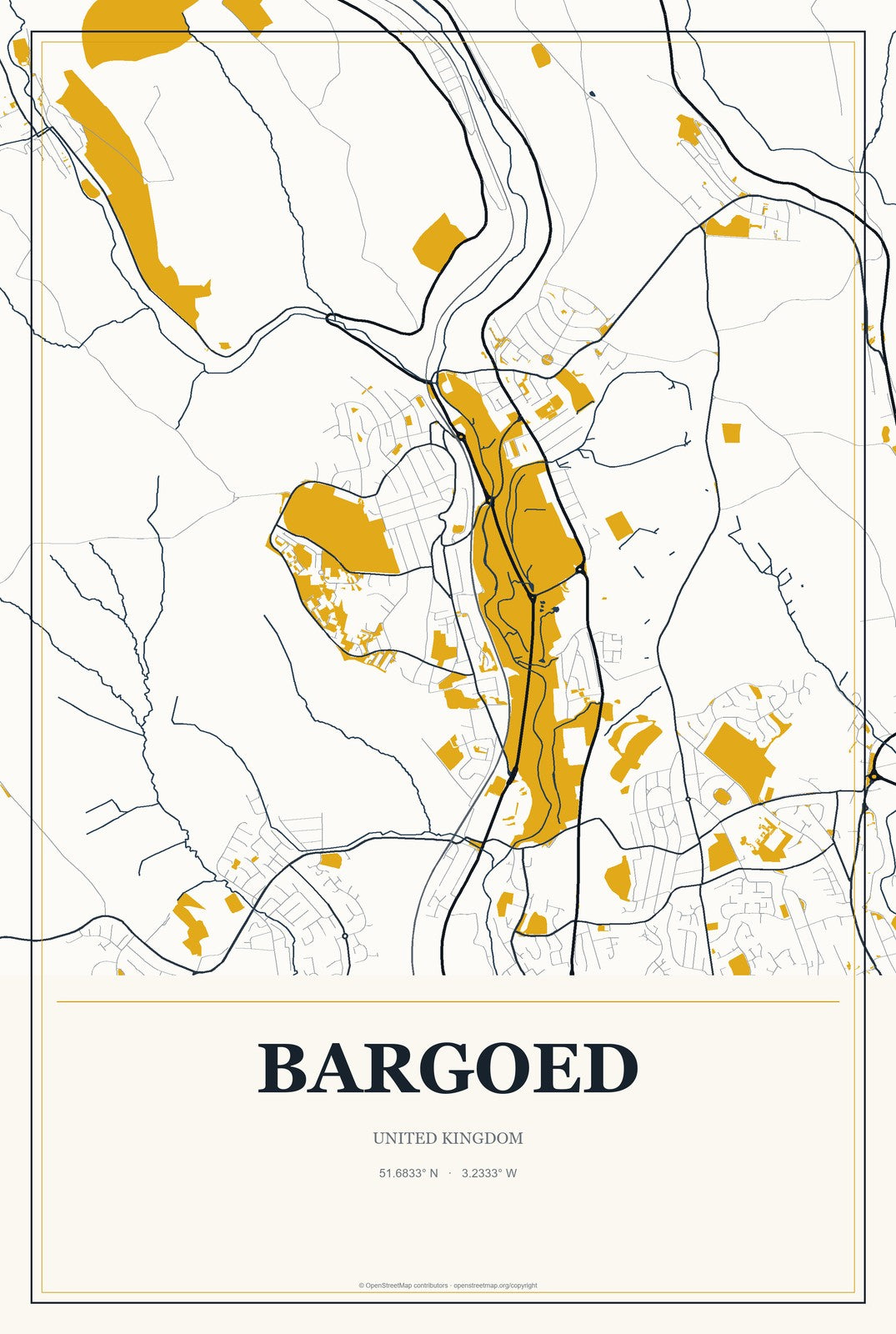 Bargoed, United Kingdom City Map Aluminum Sign in Citrine Modern style
