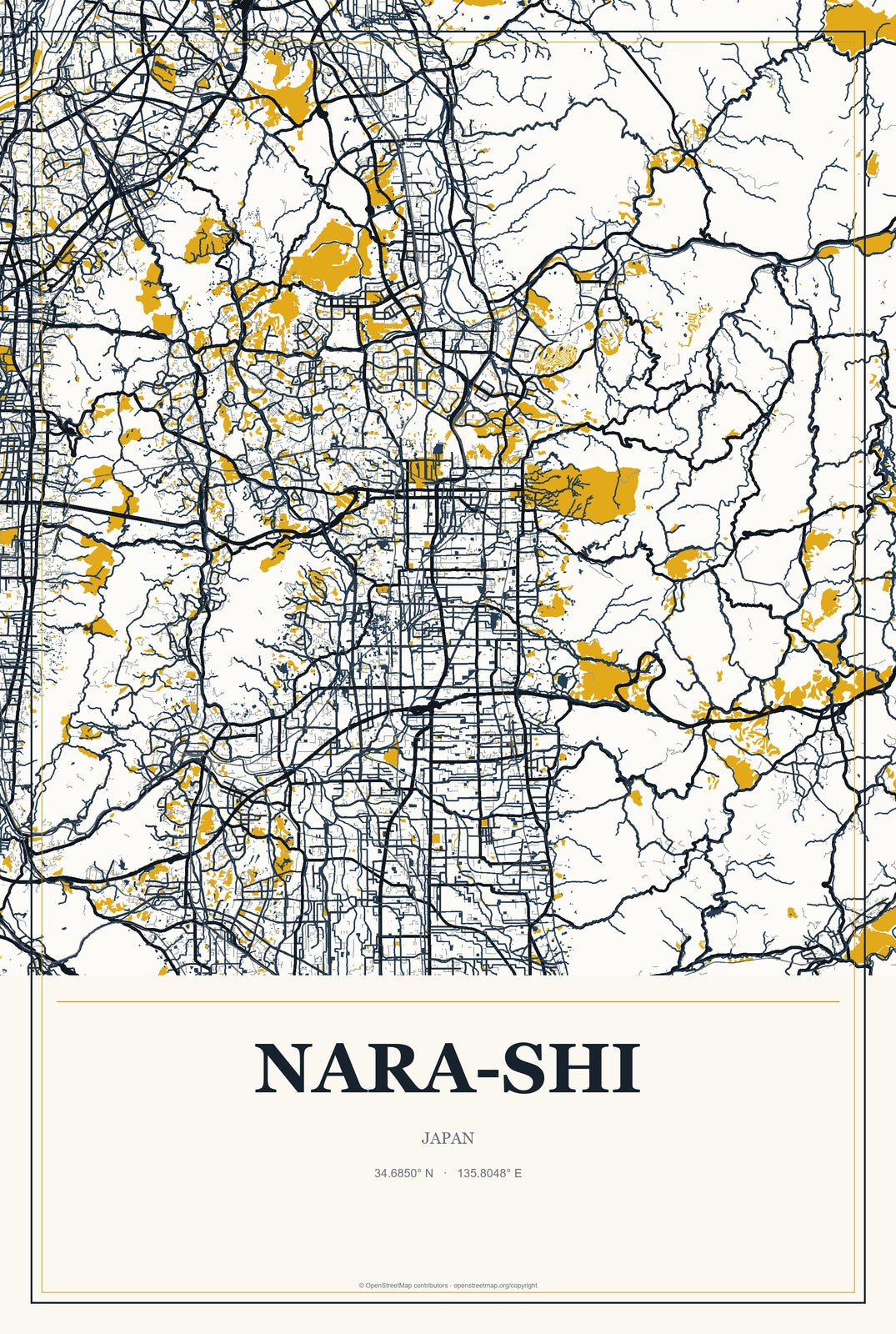 Nara-shi, Japan City Map Aluminum Sign in Citrine Modern style
