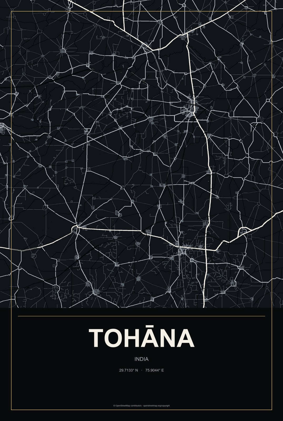 Tohāna, India City Map Aluminum Sign in Metropolitan Noir style