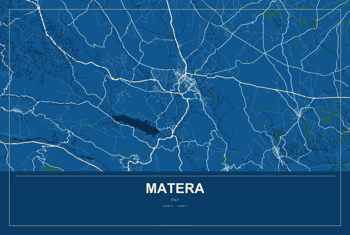 Matera, Italy City Map Aluminum Sign in Harbor Cobalt style