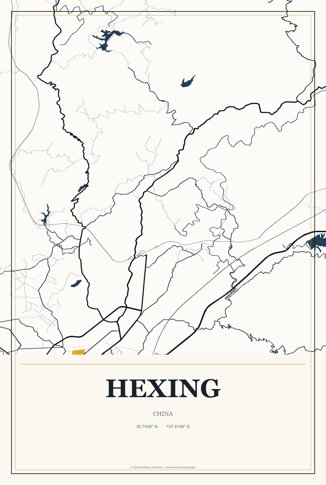 Hexing, China City Map Aluminum Sign in Citrine Modern style
