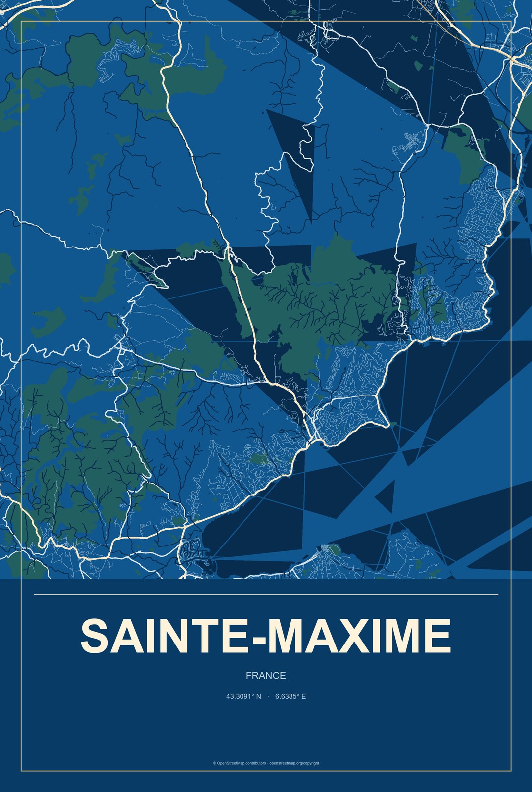 Sainte-Maxime, France City Map Aluminum Sign in Harbor Cobalt style