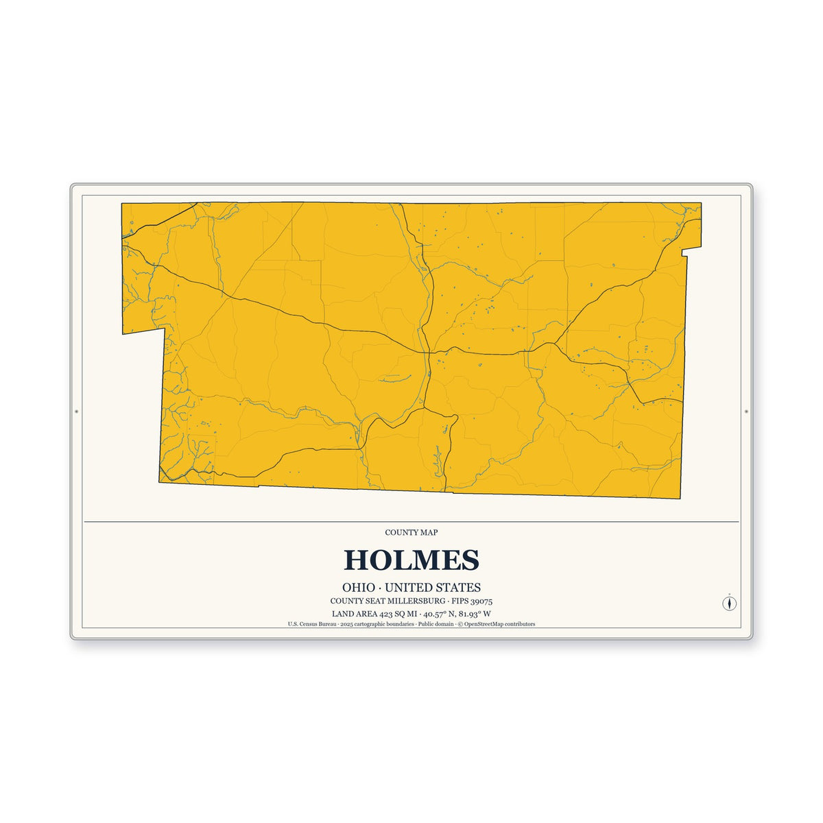 Holmes County, Ohio Map Aluminum Sign in Citrine Modern style