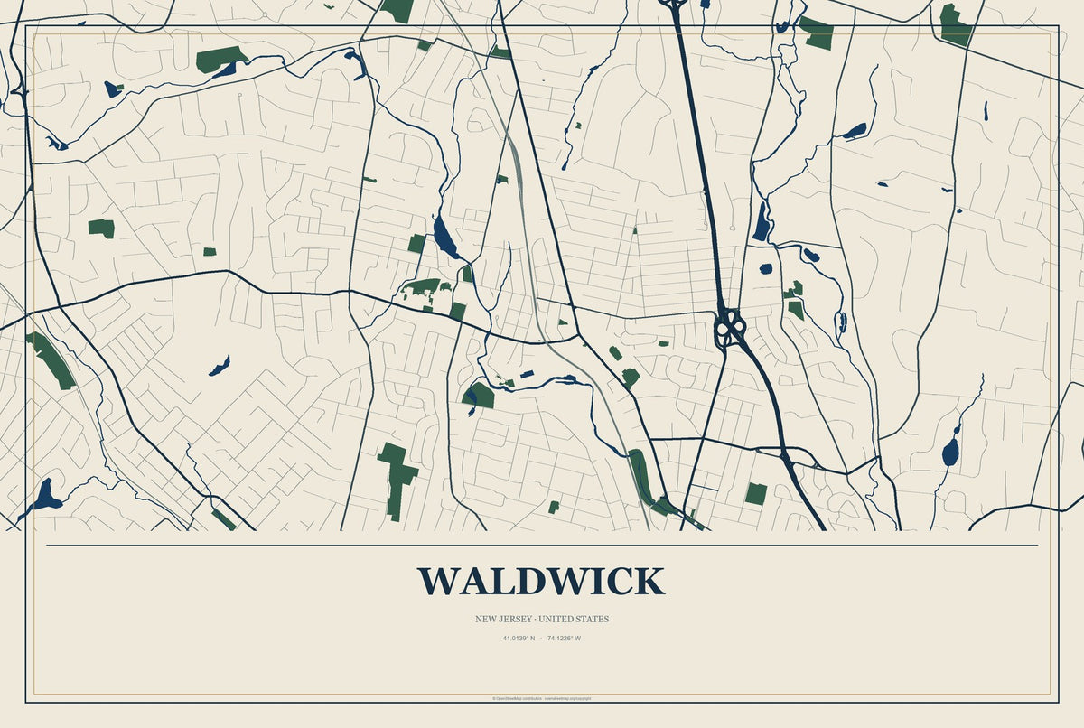 Waldwick, New Jersey City Map Aluminum Sign in Coastal Cutout style