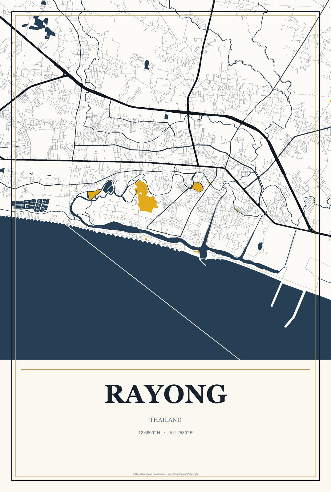 Rayong, Thailand City Map Aluminum Sign in Citrine Modern style