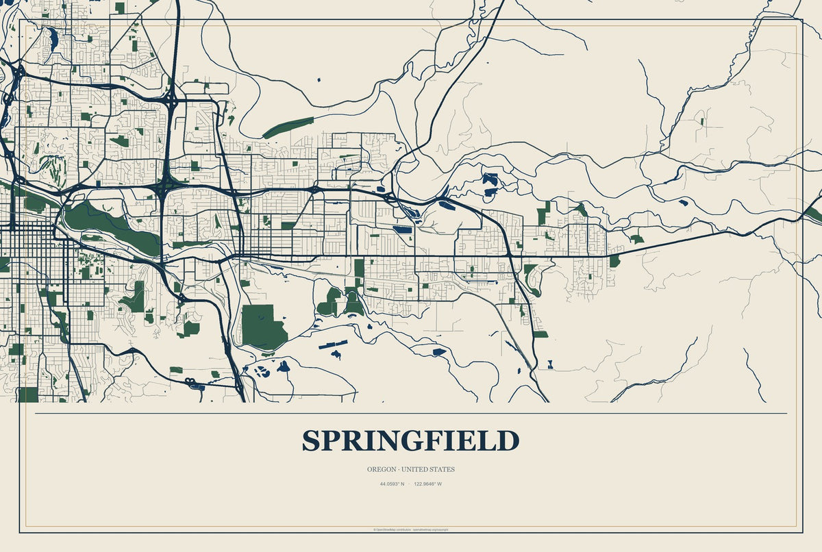 Springfield, Oregon City Map Aluminum Sign in Coastal Cutout style