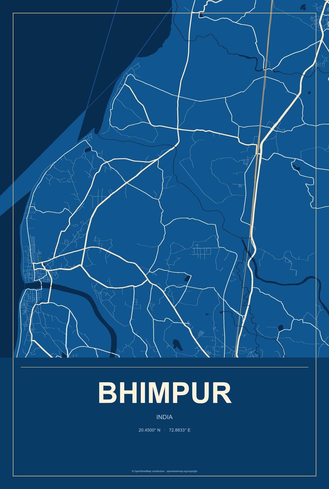 Bhimpur, India City Map Aluminum Sign in Harbor Cobalt style