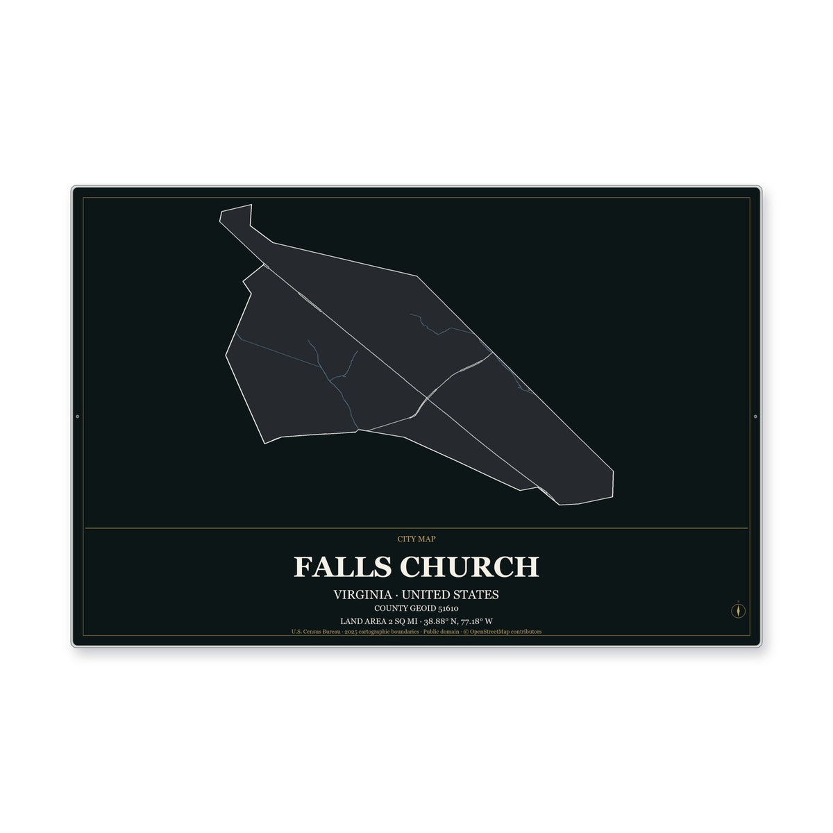 Falls Church city, Virginia Map Aluminum Sign in Metropolitan Noir style