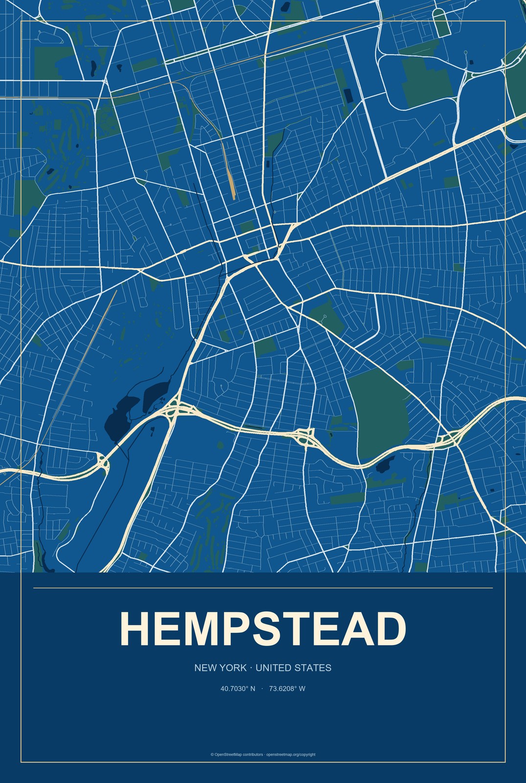 Hempstead, New York City Map Aluminum Sign in Harbor Cobalt style