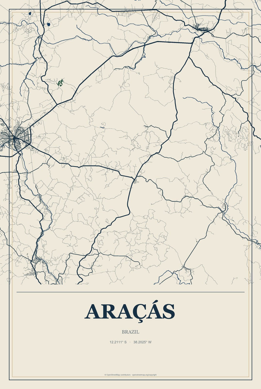 Araçás, Brazil City Map Aluminum Sign in Coastal Cutout style