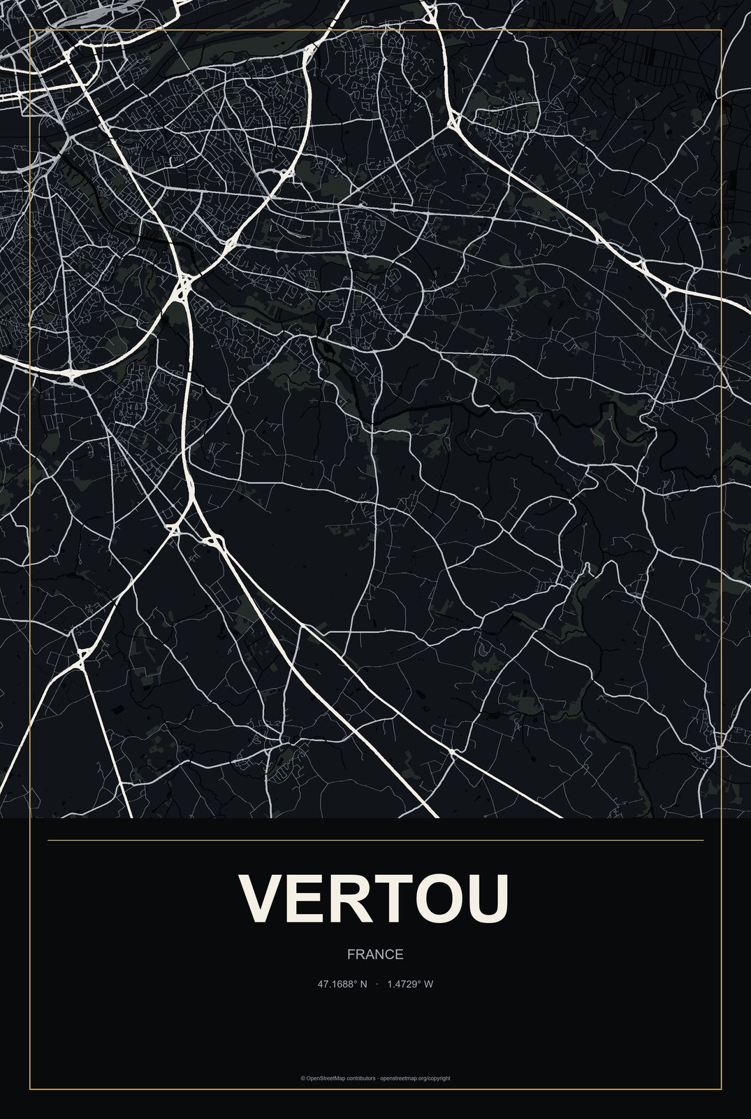 Vertou, France City Map Aluminum Sign in Metropolitan Noir style
