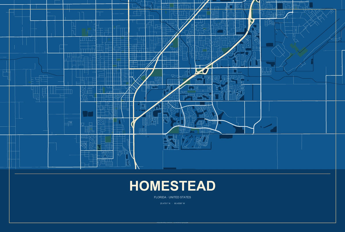Homestead, Florida City Map Aluminum Sign in Harbor Cobalt style