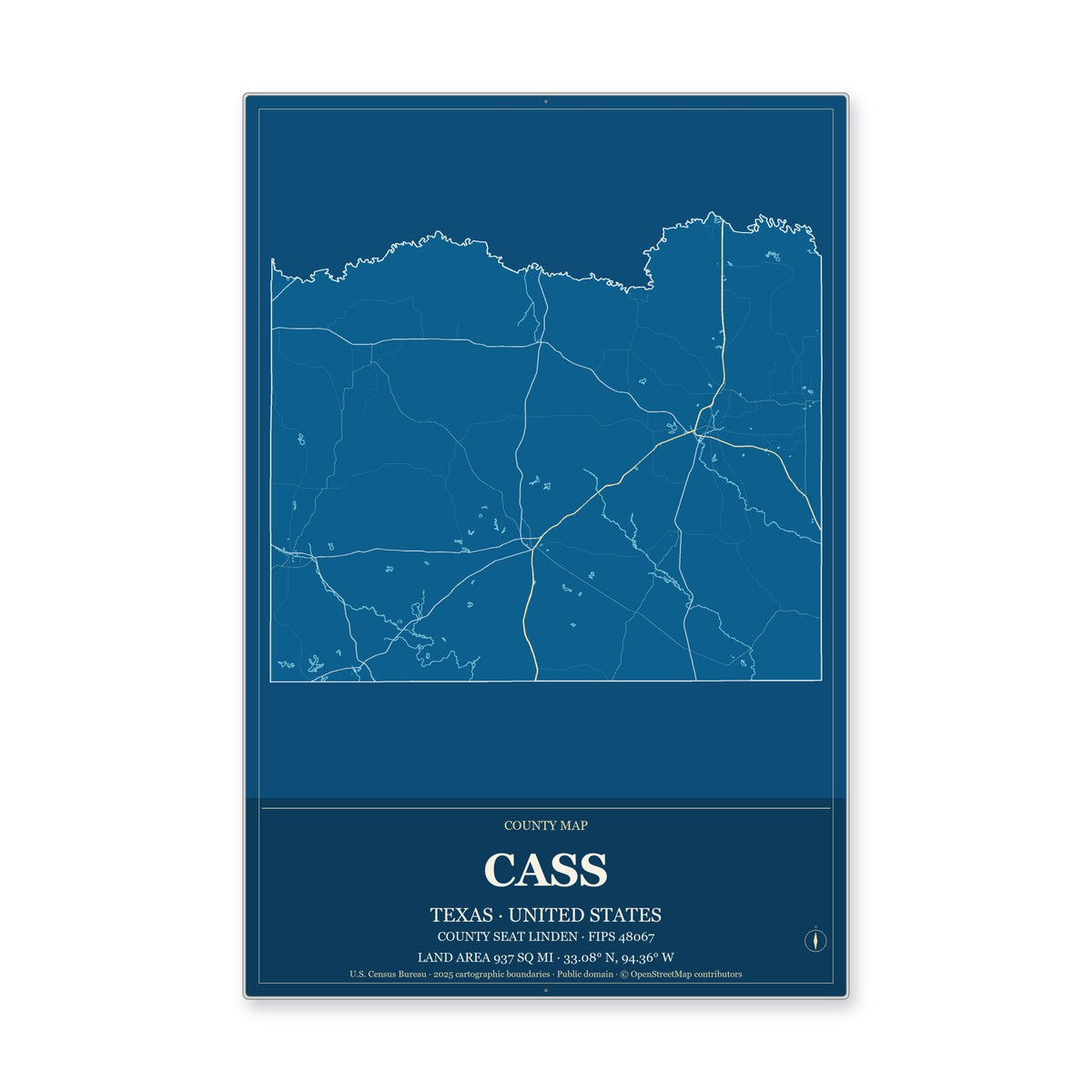 Cass County, Texas Map Aluminum Sign in Harbor Cobalt style