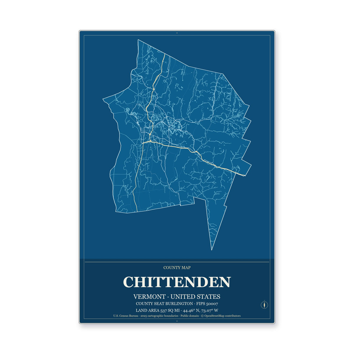 Chittenden County, Vermont Map Aluminum Sign in Harbor Cobalt style