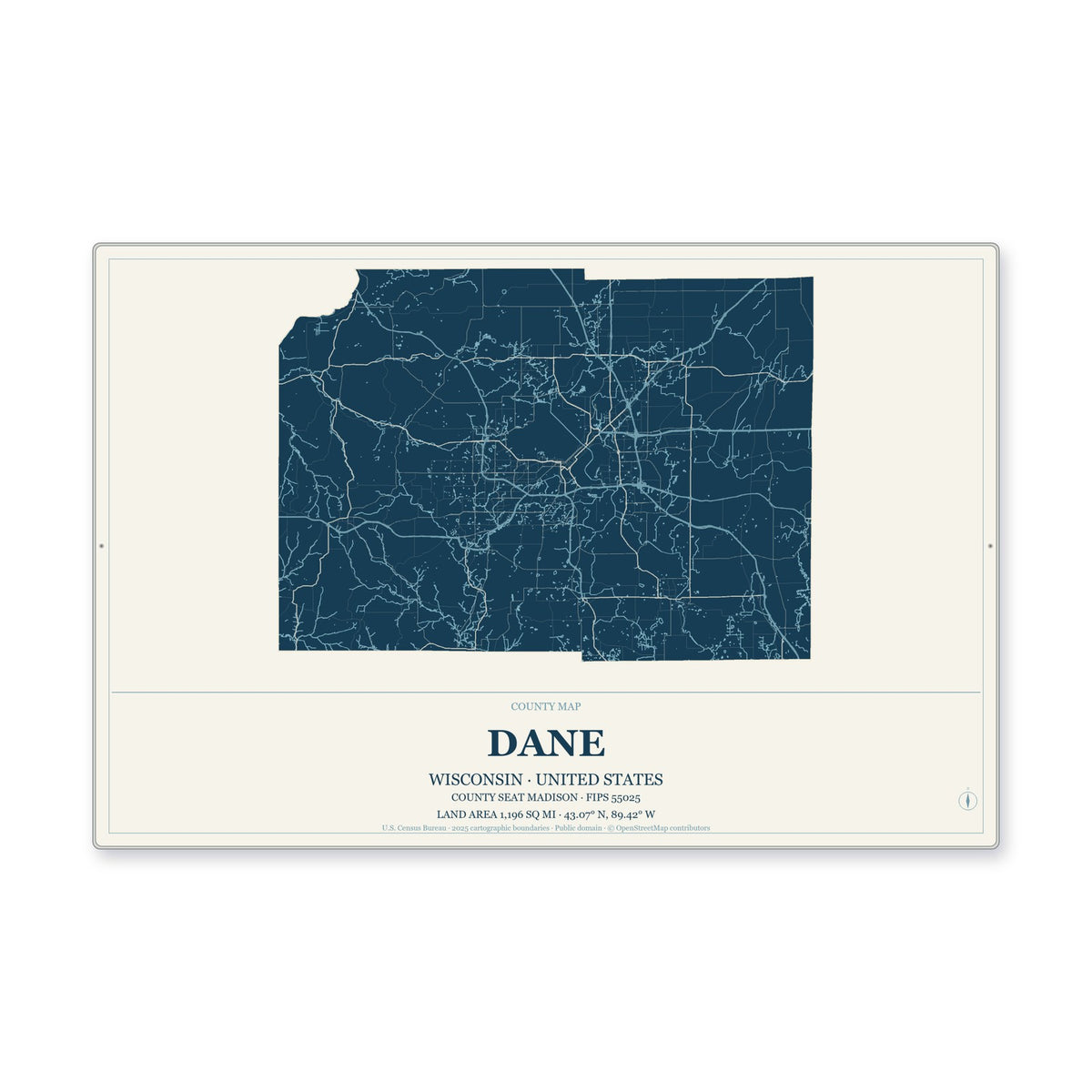 Dane County, Wisconsin Map Aluminum Sign in Coastal Cutout style