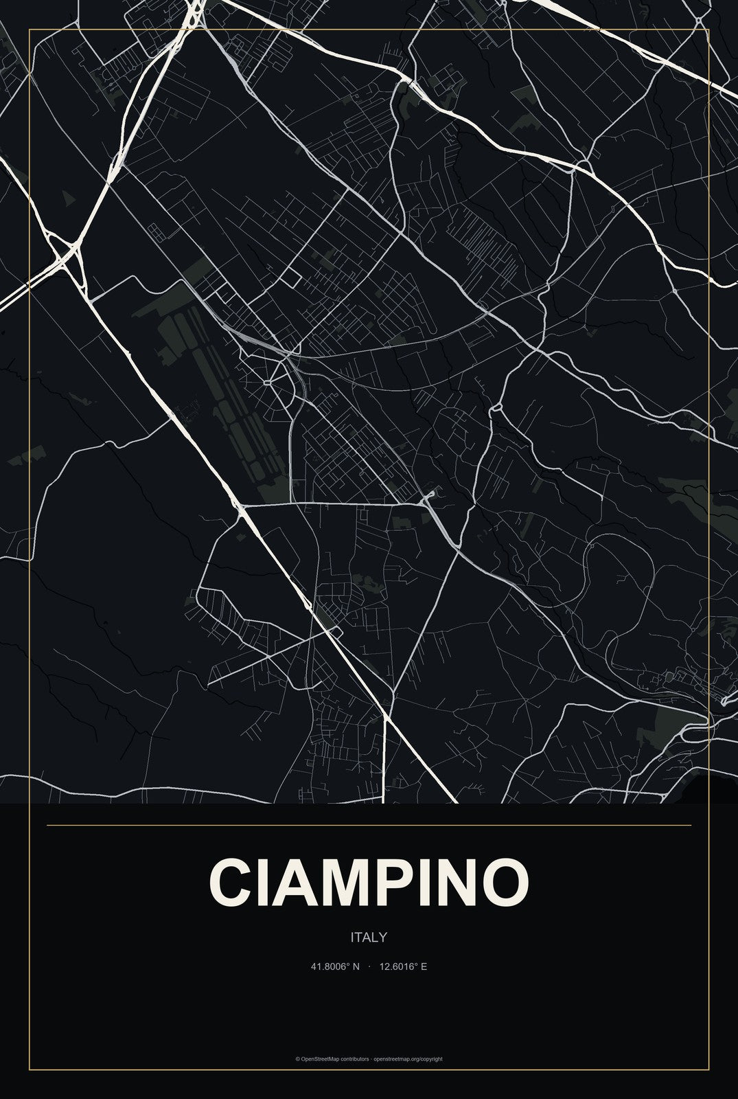 Ciampino, Italy City Map Aluminum Sign in Metropolitan Noir style