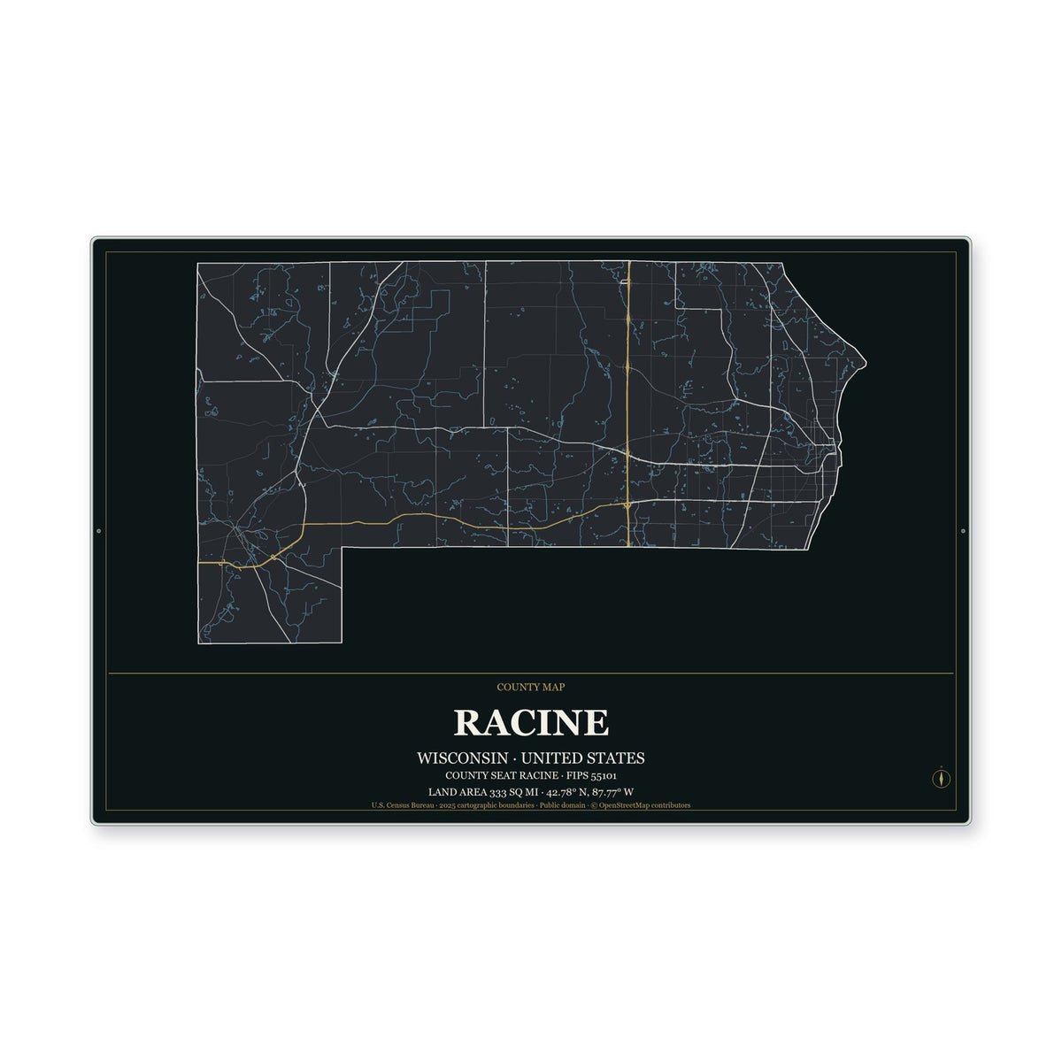 Racine County, Wisconsin Map Aluminum Sign in Metropolitan Noir style