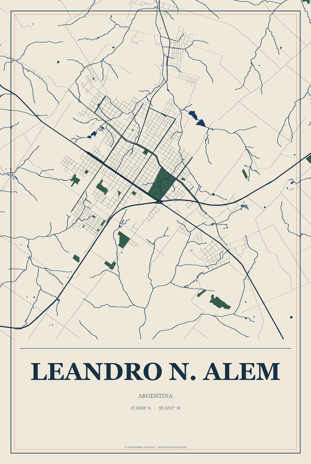 Leandro N. Alem, Argentina City Map Aluminum Sign in Coastal Cutout style