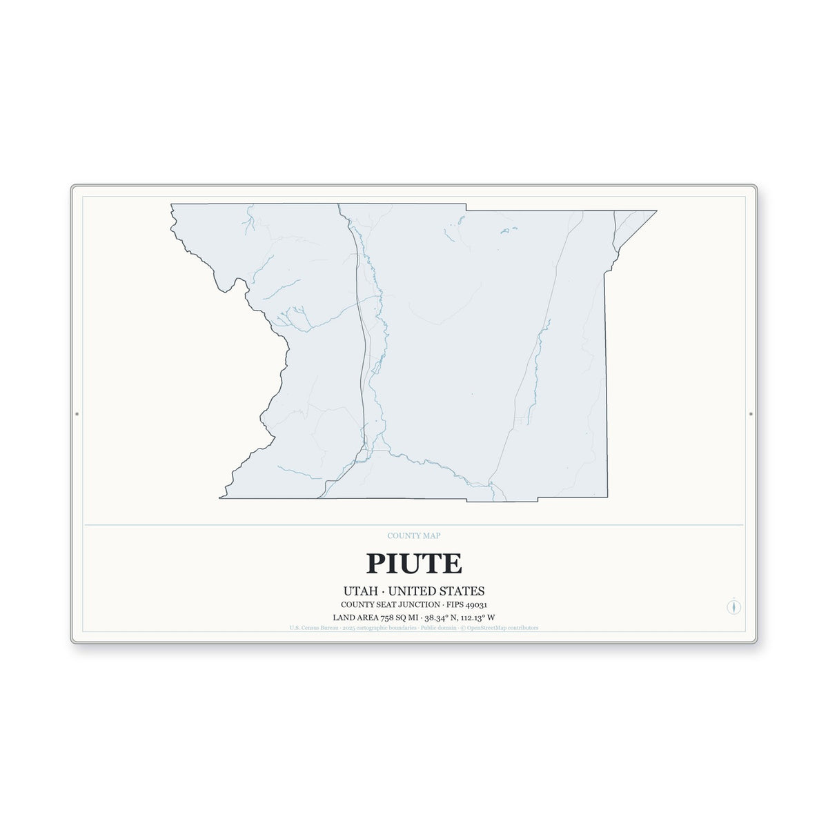 Piute County, Utah Map Aluminum Sign in Gallery Air style