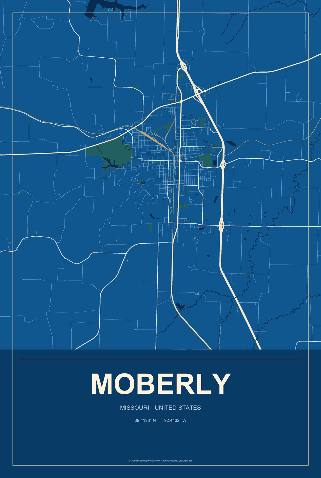 Moberly, Missouri City Map Aluminum Sign in Harbor Cobalt style