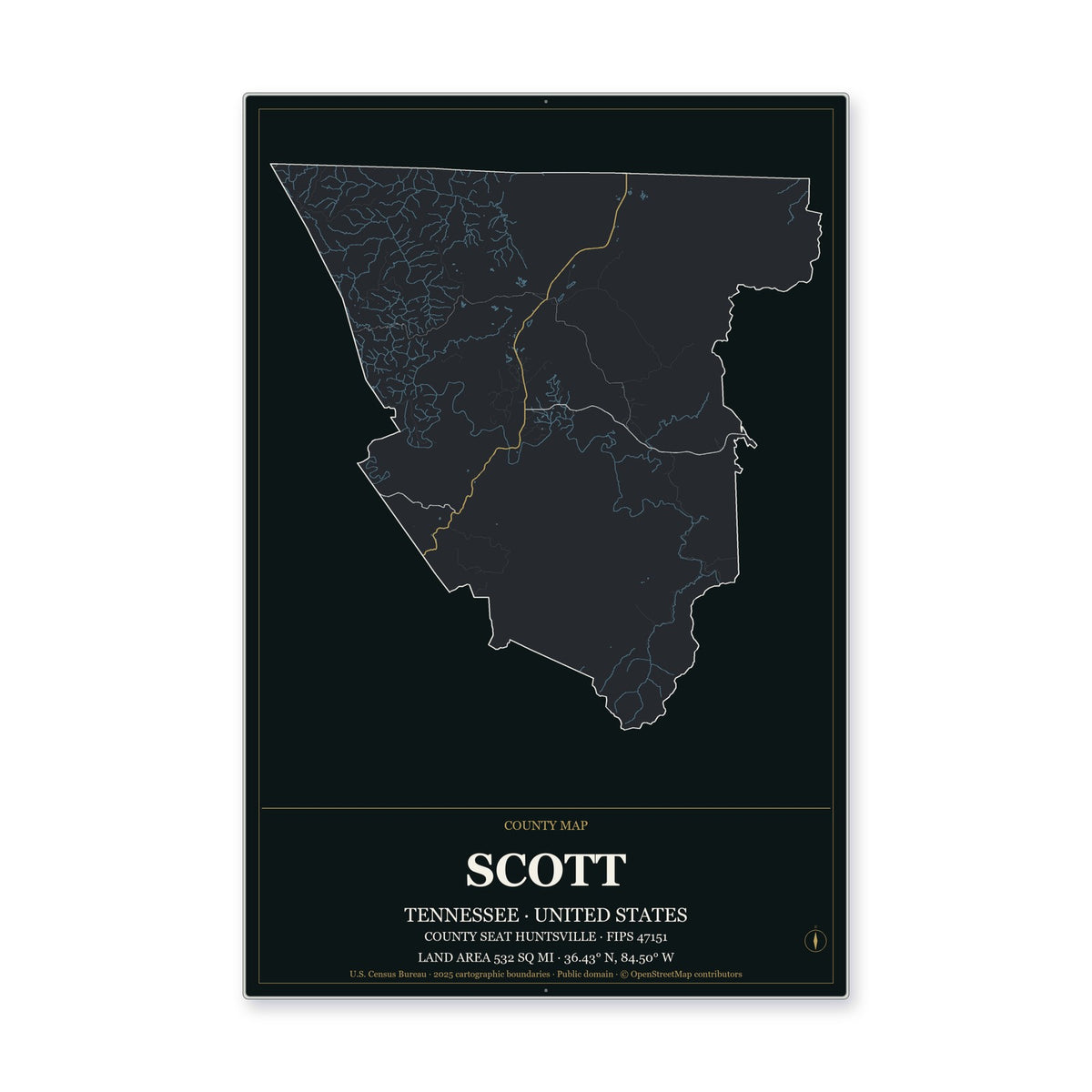 Scott County, Tennessee Map Aluminum Sign in Metropolitan Noir style