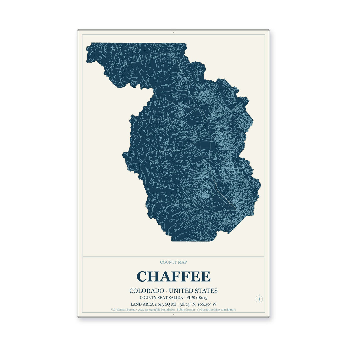 Chaffee County, Colorado Map Aluminum Sign in Coastal Cutout style