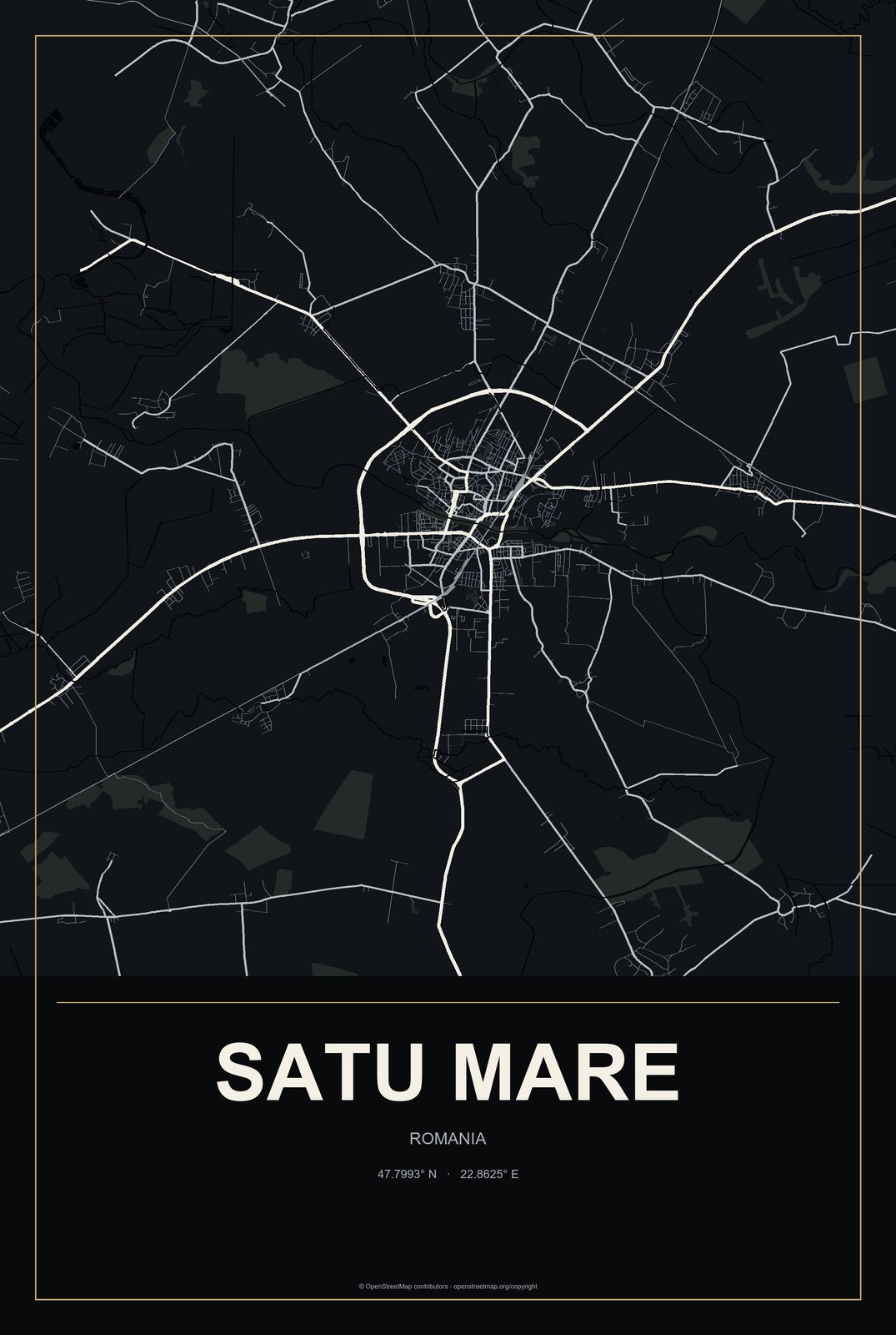 Satu Mare, Romania City Map Aluminum Sign in Metropolitan Noir style