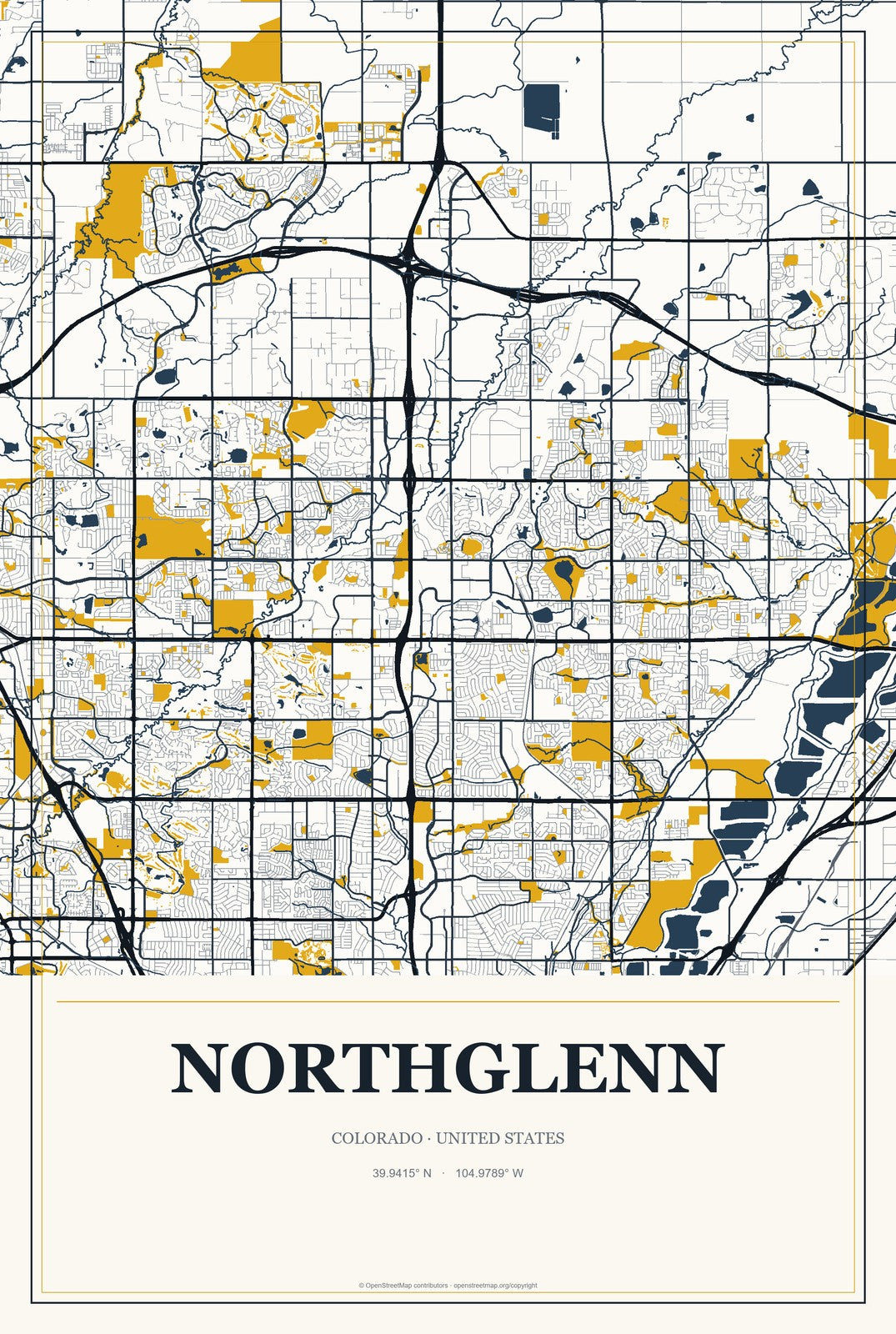 Northglenn, Colorado City Map Aluminum Sign in Citrine Modern style