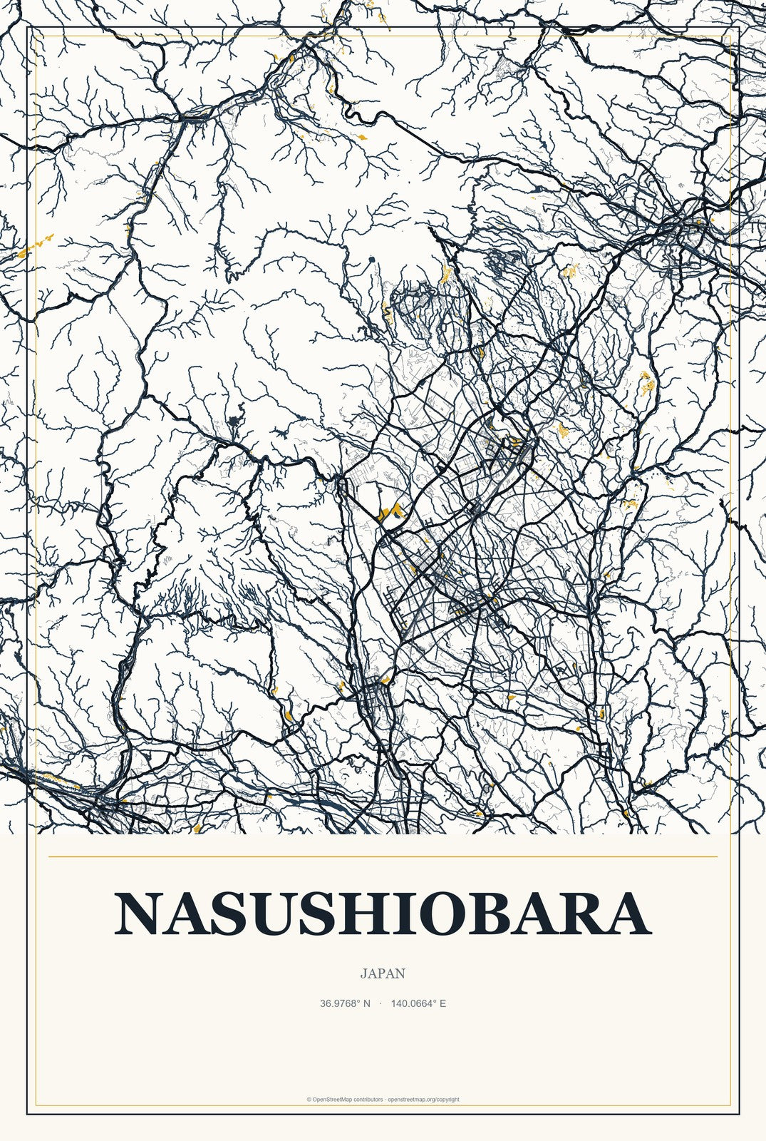 Nasushiobara, Japan City Map Aluminum Sign in Citrine Modern style