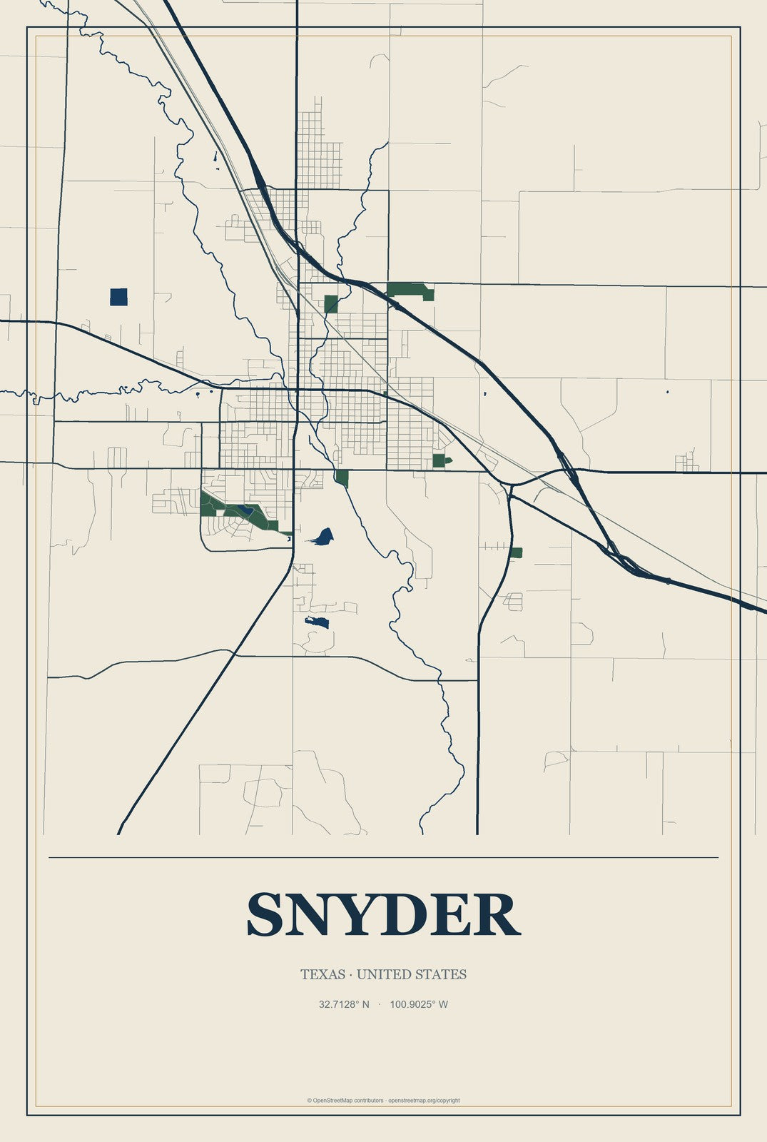 Snyder, Texas City Map Aluminum Sign in Coastal Cutout style
