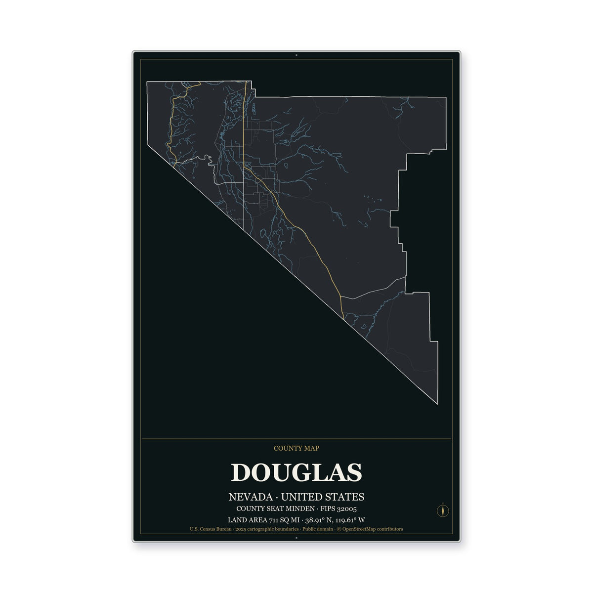 Douglas County, Nevada Map Aluminum Sign in Metropolitan Noir style