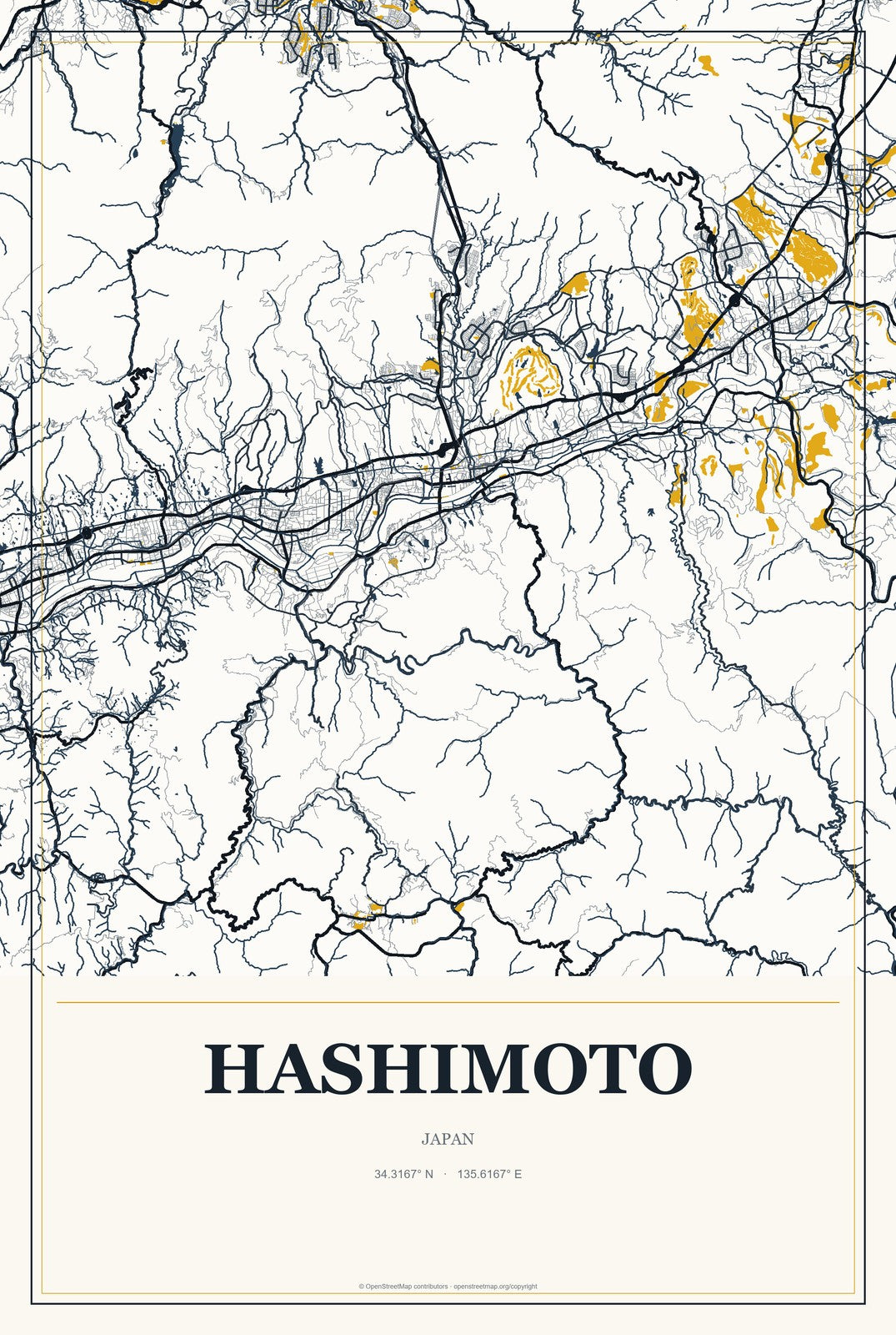 Hashimoto, Japan City Map Aluminum Sign in Citrine Modern style