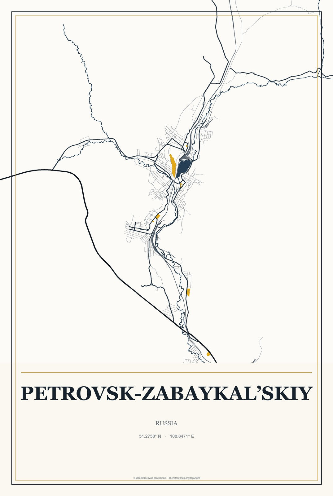 Petrovsk-Zabaykal’skiy, Russia City Map Aluminum Sign in Citrine Modern style