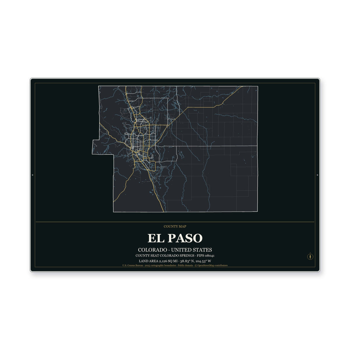 El Paso County, Colorado Map Aluminum Sign in Metropolitan Noir style