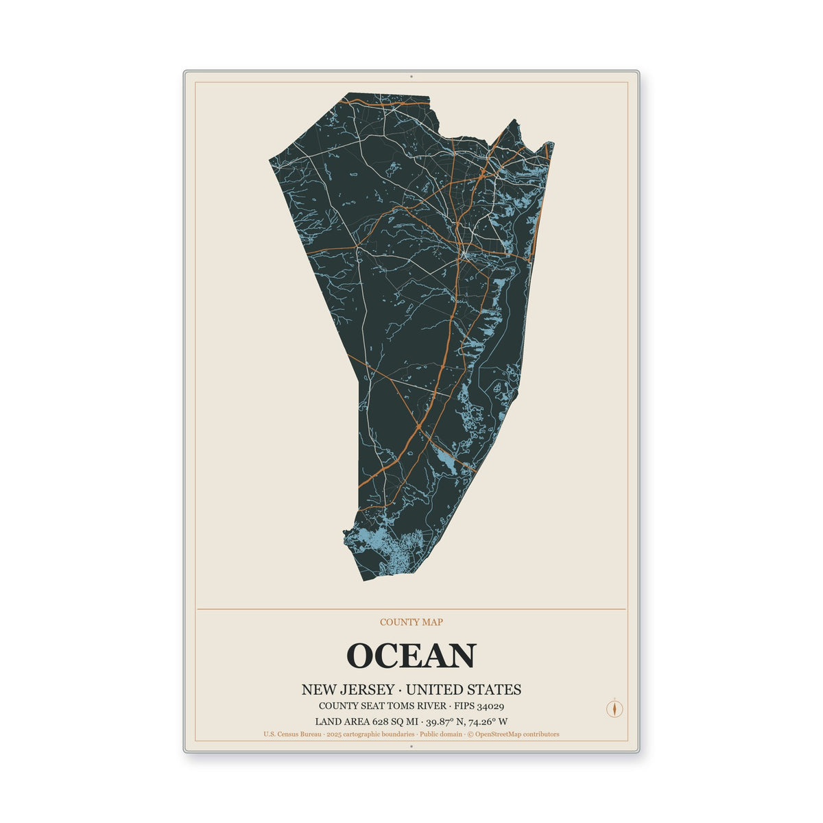 Ocean County, New Jersey Map Aluminum Sign in Headline Atlas style