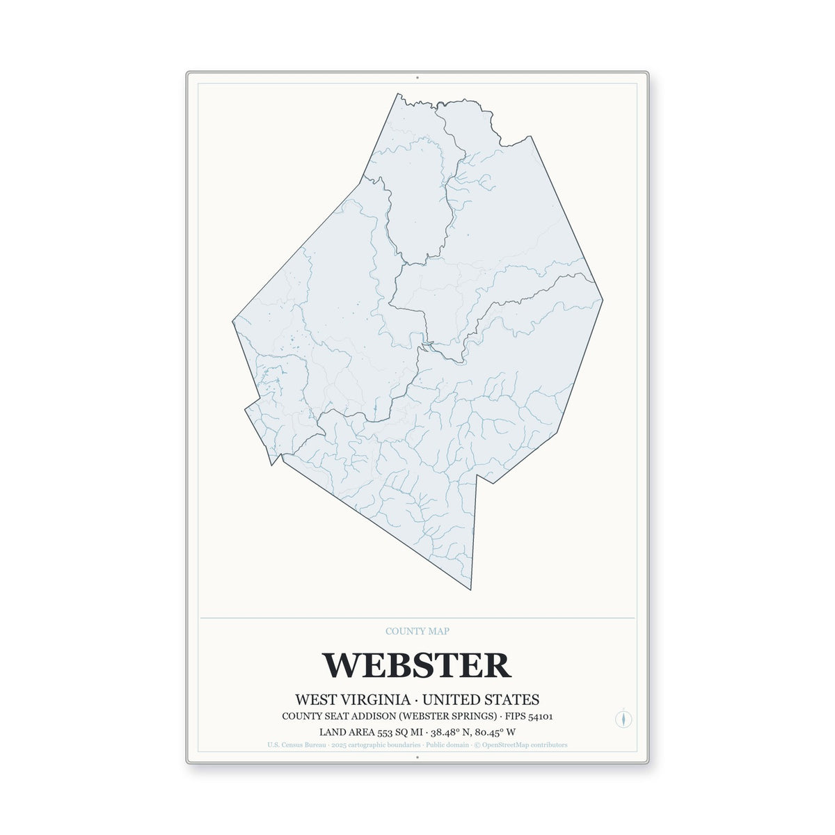 Webster County, West Virginia Map Aluminum Sign in Gallery Air style