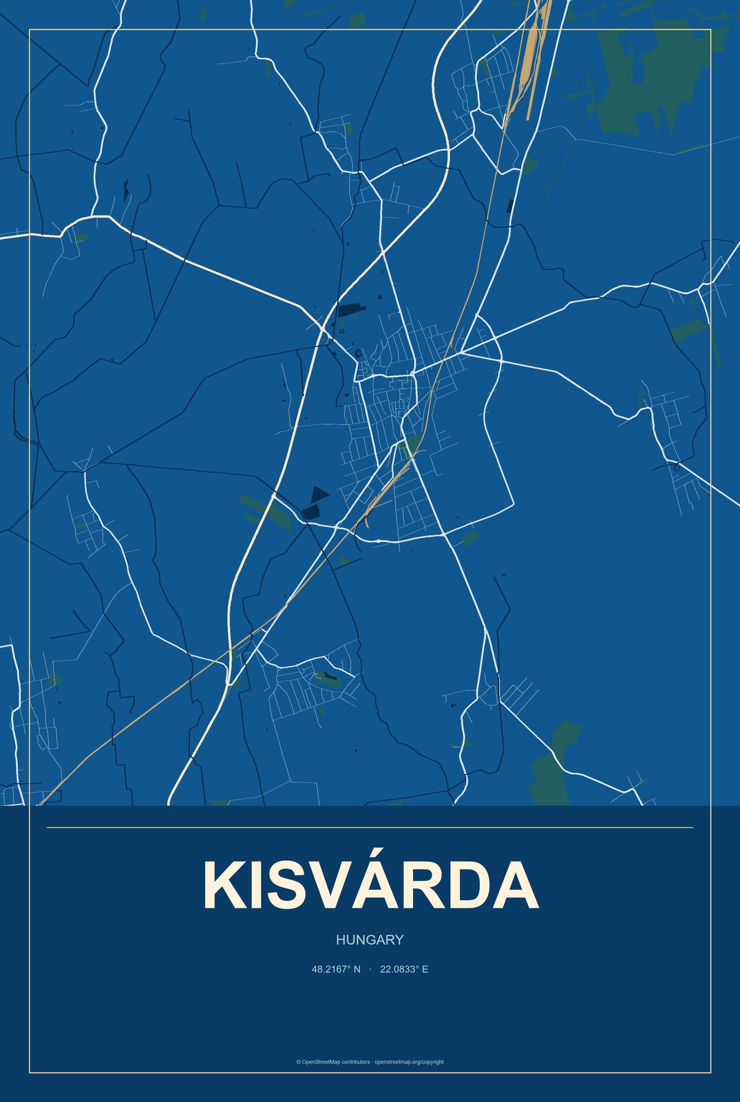 Kisvárda, Hungary City Map Aluminum Sign in Harbor Cobalt style
