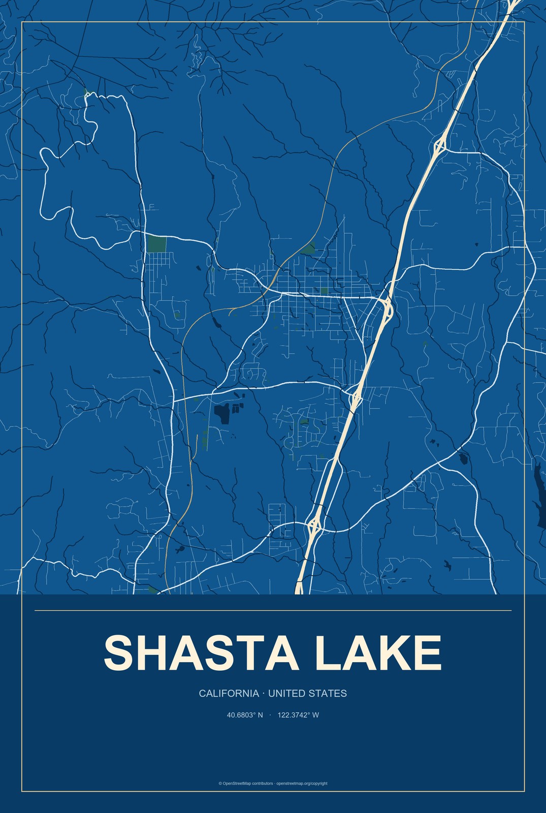 Shasta Lake, California City Map Aluminum Sign in Harbor Cobalt style