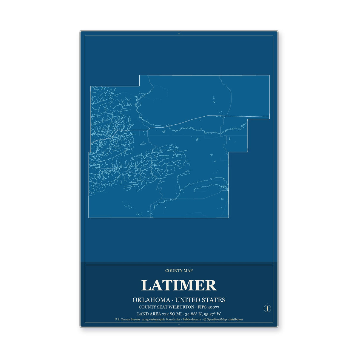 Latimer County, Oklahoma Map Aluminum Sign in Harbor Cobalt style