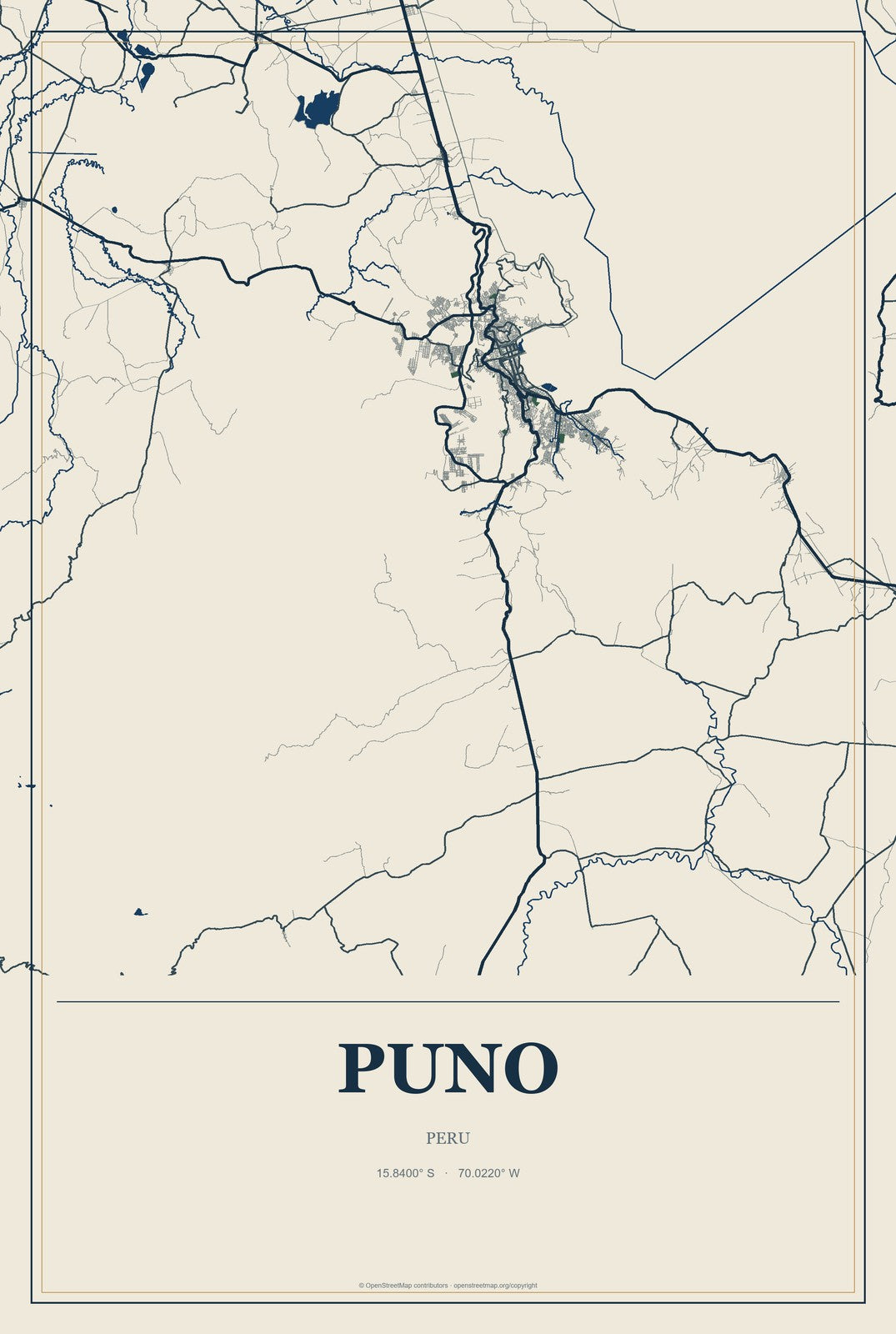 Puno, Peru City Map Aluminum Sign in Coastal Cutout style