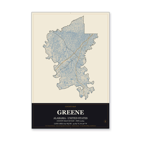 Greene County, Alabama Map Aluminum Sign in Museum Plaque style