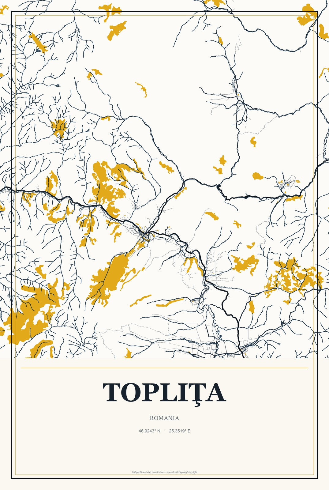 Topliţa, Romania City Map Aluminum Sign in Citrine Modern style