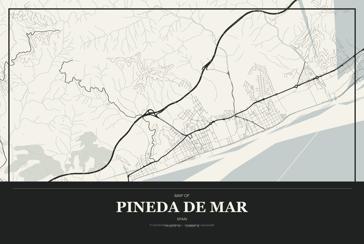 Pineda de Mar, Spain City Map Aluminum Sign in Museum Plaque style