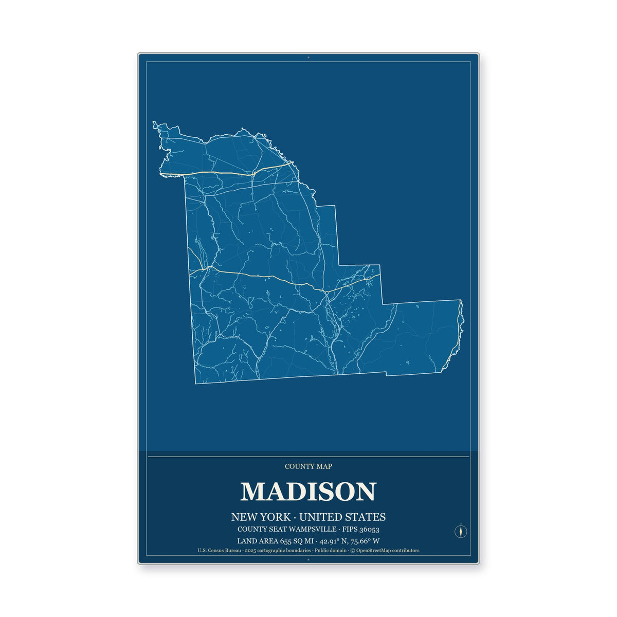 Madison County, New York Map Aluminum Sign in Harbor Cobalt style