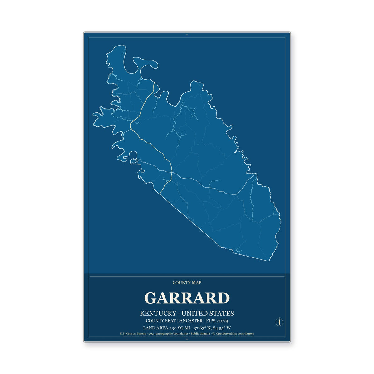 Garrard County, Kentucky Map Aluminum Sign in Harbor Cobalt style